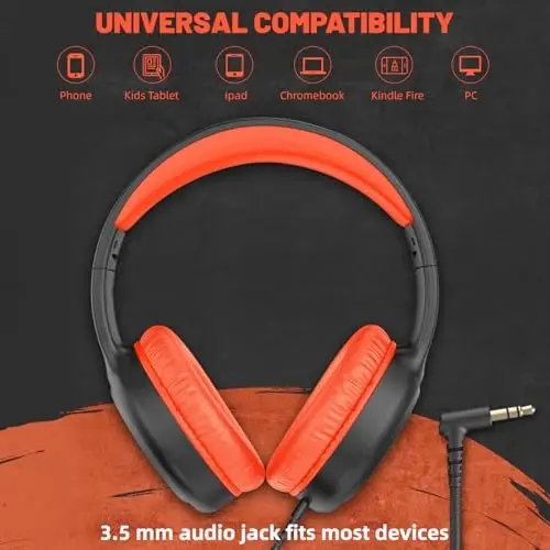 UKELALA Orange Wired Headphones for Boys Portable On Ear Youth Headphones for School Airplane Travel Lightweight Portable Compatible with Pad Computer Laptop for Adults Student Children Girls Kids - 3