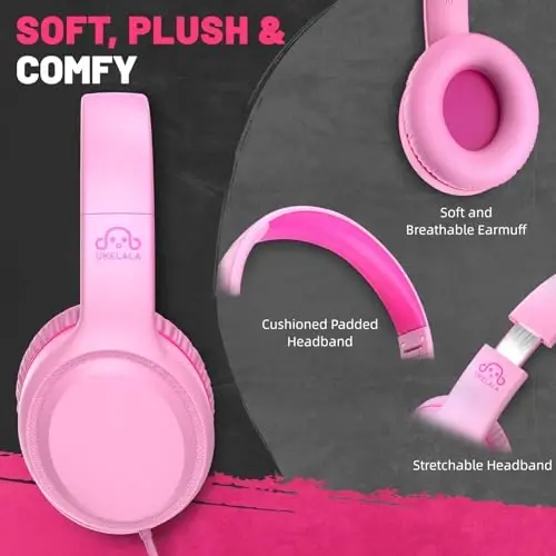 UKELALA Pink Wired Headphones for Boys Portable On Ear Youth Headphones for School Airplane Travel Lightweight Portable Compatible with Pad Computer Laptop for Adults Student Children Girls Kids - 2