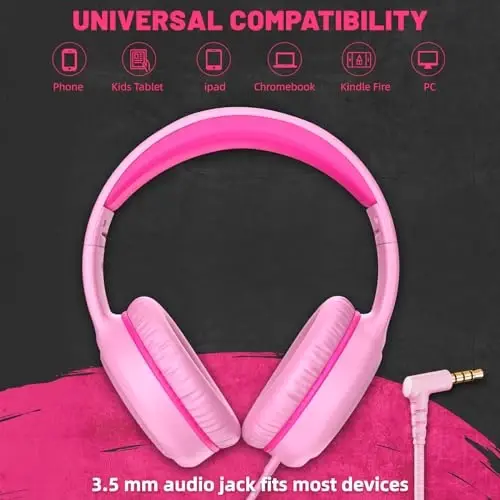 UKELALA Pink Wired Headphones for Boys Portable On Ear Youth Headphones for School Airplane Travel Lightweight Portable Compatible with Pad Computer Laptop for Adults Student Children Girls Kids - 3