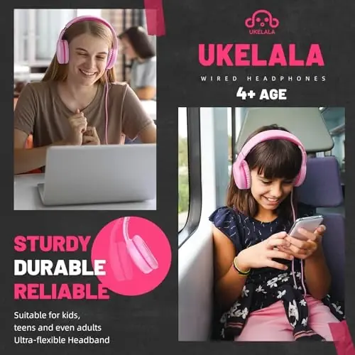 UKELALA Pink Wired Headphones for Boys Portable On Ear Youth Headphones for School Airplane Travel Lightweight Portable Compatible with Pad Computer Laptop for Adults Student Children Girls Kids - 4
