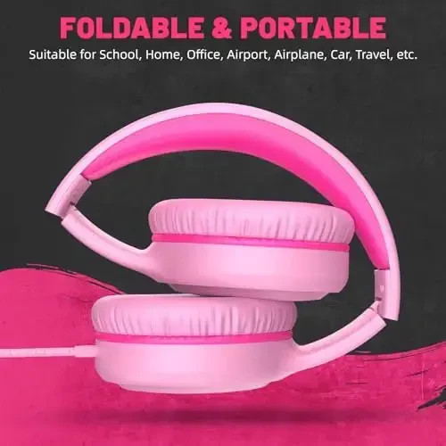 UKELALA Pink Wired Headphones for Boys Portable On Ear Youth Headphones for School Airplane Travel Lightweight Portable Compatible with Pad Computer Laptop for Adults Student Children Girls Kids - 5