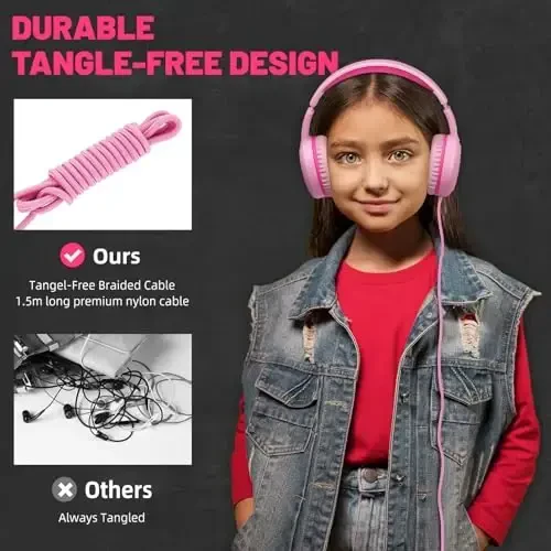 UKELALA Pink Wired Headphones for Boys Portable On Ear Youth Headphones for School Airplane Travel Lightweight Portable Compatible with Pad Computer Laptop for Adults Student Children Girls Kids - 6