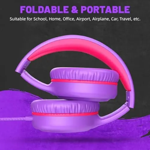 UKELALA Purple Wired Headphones for Boys Portable On Ear Youth Headphones for School Airplane Travel Lightweight Portable Compatible with Pad Computer Laptop for Adults Student Children Girls Kids - 5