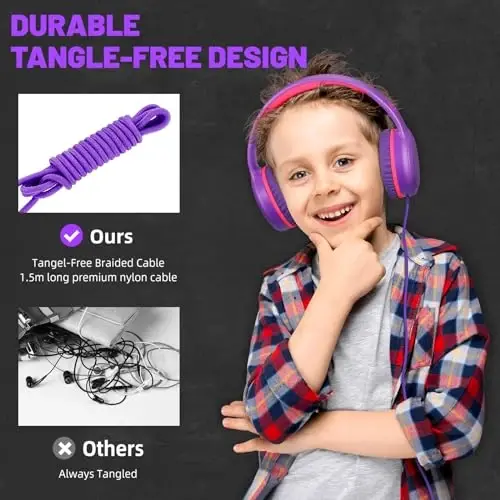 UKELALA Purple Wired Headphones for Boys Portable On Ear Youth Headphones for School Airplane Travel Lightweight Portable Compatible with Pad Computer Laptop for Adults Student Children Girls Kids - 6