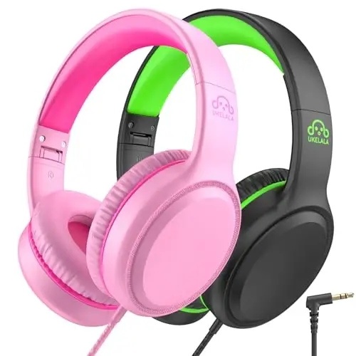 UKELALA U2 2 Pcs Wired Headphones for Kids Boys Girls, On Ear Youth Headphones for School Airplane Travel, Lightweight Portable Compatible with Tablet Computer Laptop for Adults Student Green & Pink 