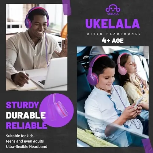 UKELALA U2 2 Pcs Wired Headphones for Kids Boys Girls, On Ear Youth Headphones for School Airplane Travel, Lightweight Portable Compatible with Tablet Computer Laptop for Adults Student Green & Purple - 3