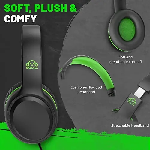UKELALA U2 2 dona simli naushniklar bolalar uchun o'g'il qizlar, maktab samolyotida sayohat qilish uchun quloq ustidagi yoshlar uchun naushniklar, kattalar talabalar uchun planshet kompyuter noutbuki bilan mos keladigan engil portativ yashil va pushti - 1