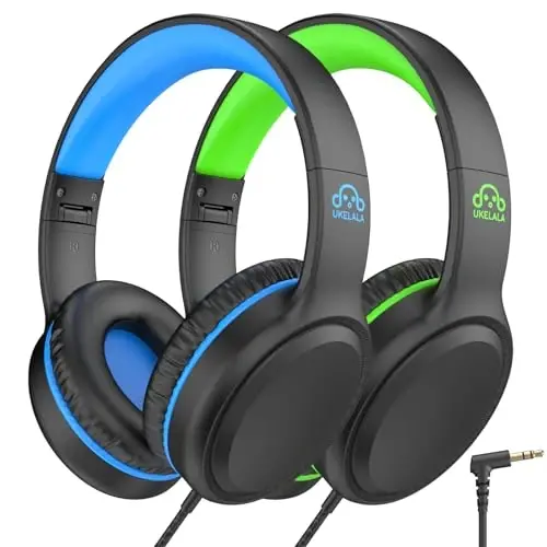 UKELALA U2 2 Pcs Wired Headphones for Kids Boys Girls, On Ear Youth Headphones for School Airplane Travel, Lightweight Portable Compatible with Tablet Computer Laptop for Adults Student Green & Blue 