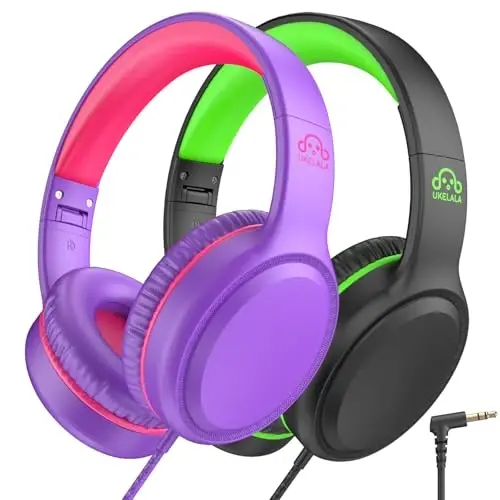 UKELALA U2 2 Pcs Wired Headphones for Kids Boys Girls, On Ear Youth Headphones for School Airplane Travel, Lightweight Portable Compatible with Tablet Computer Laptop for Adults Student Green & Purple - 1