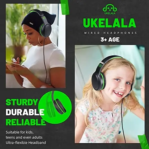 UKELALA U2 2 Pcs Wired Headphones for Kids Boys Girls, On Ear Youth Headphones for School Airplane Travel, Lightweight Portable Compatible with Tablet Computer Laptop for Adults Student Green & Red - 3
