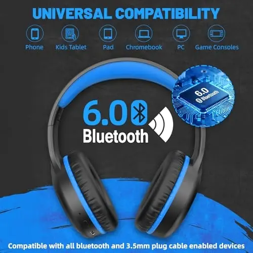 UKELALA U2B Active Noise Canceling Wired & Wireless Bluetooth 6.0 Headphones with Microphone, Foldable Lightweight Head Phones with Volume Control‌ for Kids Adult School Black Blue - 5