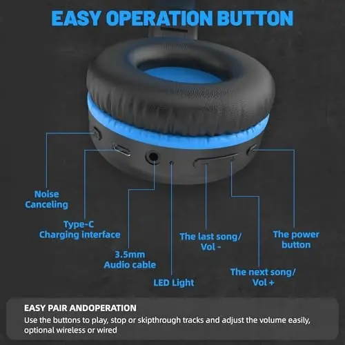 UKELALA U2B Active Noise Canceling Wired & Wireless Bluetooth 6.0 Headphones with Microphone, Foldable Lightweight Head Phones with Volume Control‌ for Kids Adult School Black Blue - 3