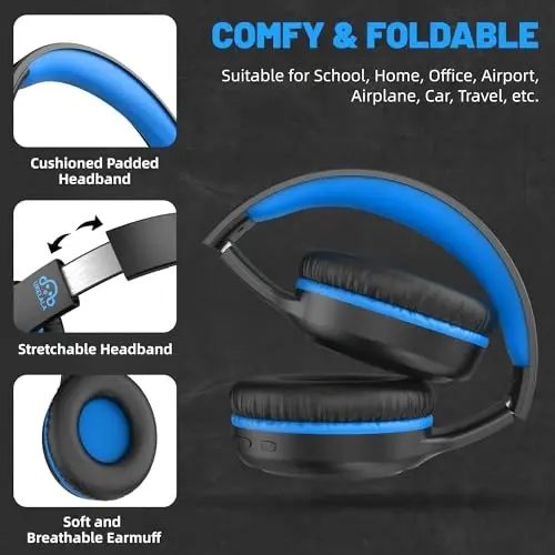 UKELALA U2B Active Noise Canceling Wired & Wireless Bluetooth 6.0 Headphones with Microphone, Foldable Lightweight Head Phones with Volume Control‌ for Kids Adult School Black Blue - 4