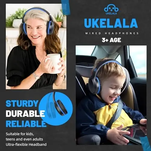 UKELALA U2B Active Noise Canceling Wired & Wireless Bluetooth 6.0 Headphones with Microphone, Foldable Lightweight Head Phones with Volume Control‌ for Kids Adult School Black Blue - 6