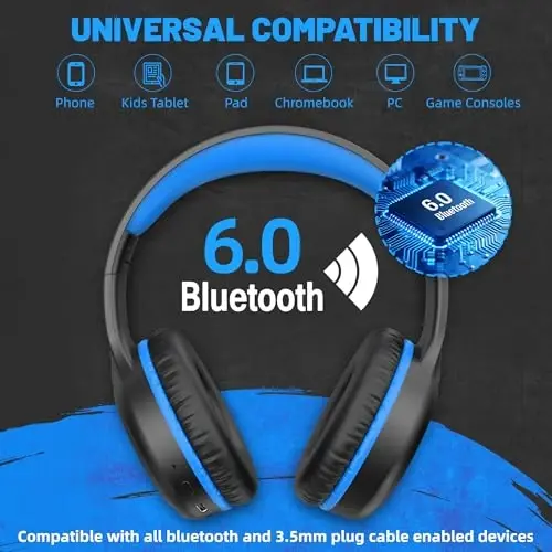 UKELALA U2B Active Noise Canceling Wired & Wireless Bluetooth 6.0 Headphones with Microphone, Foldable Lightweight Head Phones with Volume Control‌ for Kids Adult School Black Blue - 1