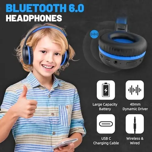 UKELALA U2B Active Noise Canceling Wired & Wireless Bluetooth 6.0 Headphones with Microphone, Foldable Lightweight Head Phones with Volume Control‌ for Kids Adult School Black Blue - 2