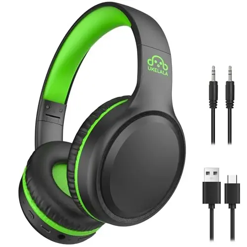 UKELALA U2B Active Noise Canceling Wired & Wireless Bluetooth 6.0 Headphones with Microphone, Foldable Lightweight Head Phones with Volume Control‌ for Kids Adult School Black Green - UKELALA