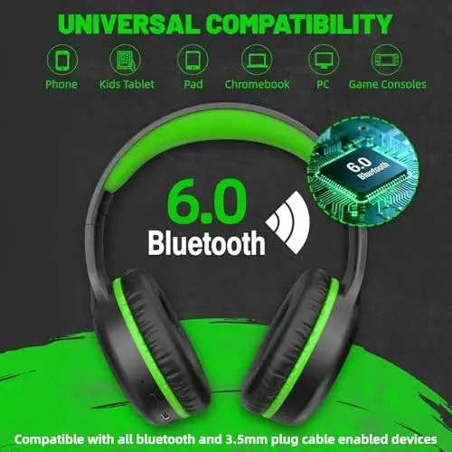 UKELALA U2B Active Noise Canceling Wired & Wireless Bluetooth 6.0 Headphones with Microphone, Foldable Lightweight Head Phones with Volume Control‌ for Kids Adult School Black Green - UKELALA