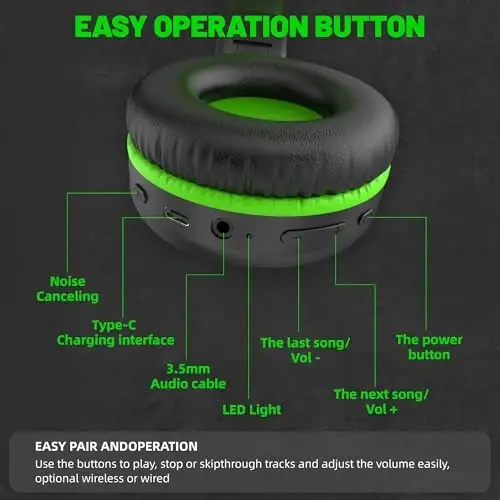 UKELALA U2B Active Noise Canceling Wired & Wireless Bluetooth 6.0 Headphones with Microphone, Foldable Lightweight Head Phones with Volume Control‌ for Kids Adult School Black Green - 3