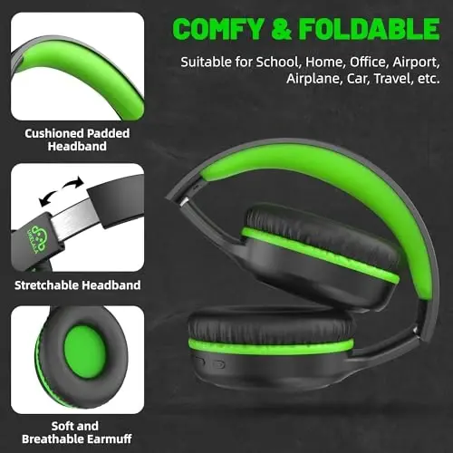 UKELALA U2B Active Noise Canceling Wired & Wireless Bluetooth 6.0 Headphones with Microphone, Foldable Lightweight Head Phones with Volume Control‌ for Kids Adult School Black Green - 4