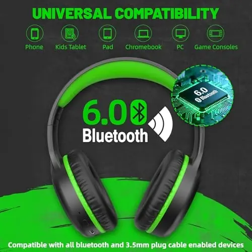 UKELALA U2B Active Noise Canceling Wired & Wireless Bluetooth 6.0 Headphones with Microphone, Foldable Lightweight Head Phones with Volume Control‌ for Kids Adult School Black Green - 5