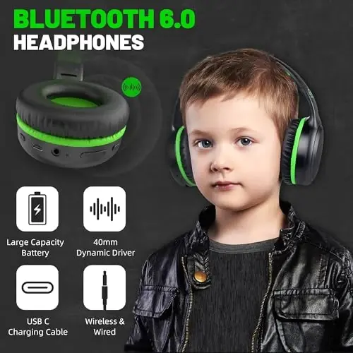 UKELALA U2B Active Noise Canceling Wired & Wireless Bluetooth 6.0 Headphones with Microphone, Foldable Lightweight Head Phones with Volume Control‌ for Kids Adult School Black Green - 2