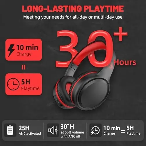 UKELALA U2B Active Noise Canceling Wired & Wireless Bluetooth 6.0 Headphones with Microphone, Foldable Lightweight Head Phones with Volume Control‌ for Kids Adult School Black Red - 2