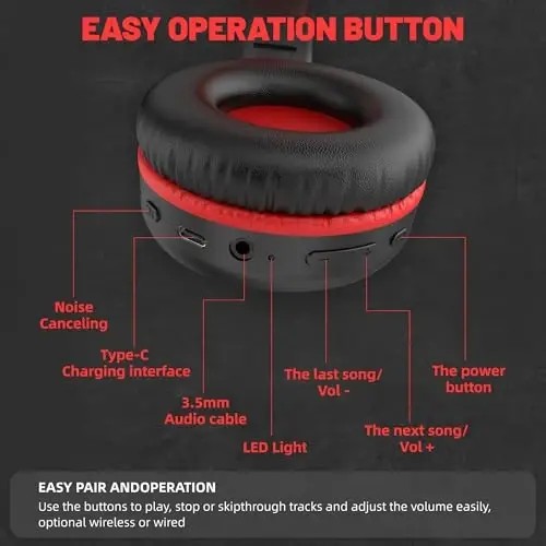 UKELALA U2B Active Noise Canceling Wired & Wireless Bluetooth 6.0 Headphones with Microphone, Foldable Lightweight Head Phones with Volume Control‌ for Kids Adult School Black Red - 3