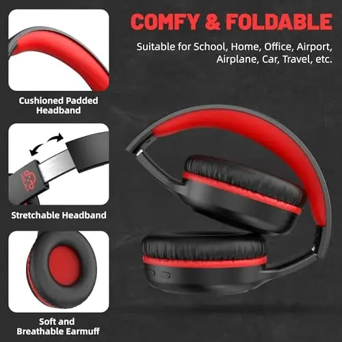 UKELALA U2B Active Noise Canceling Wired & Wireless Bluetooth 6.0 Headphones with Microphone, Foldable Lightweight Head Phones with Volume Control‌ for Kids Adult School Black Red - 4