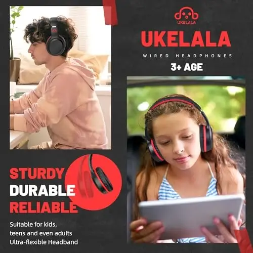 UKELALA U2B Active Noise Canceling Wired & Wireless Bluetooth 6.0 Headphones with Microphone, Foldable Lightweight Head Phones with Volume Control‌ for Kids Adult School Black Red - 6