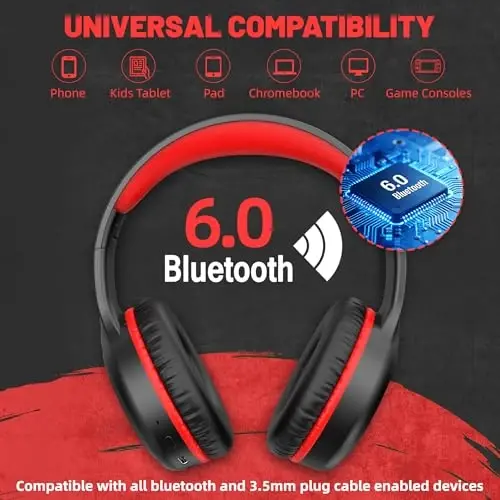 UKELALA U2B Active Noise Canceling Wired & Wireless Bluetooth 6.0 Headphones with Microphone, Foldable Lightweight Head Phones with Volume Control‌ for Kids Adult School Black Red - 1