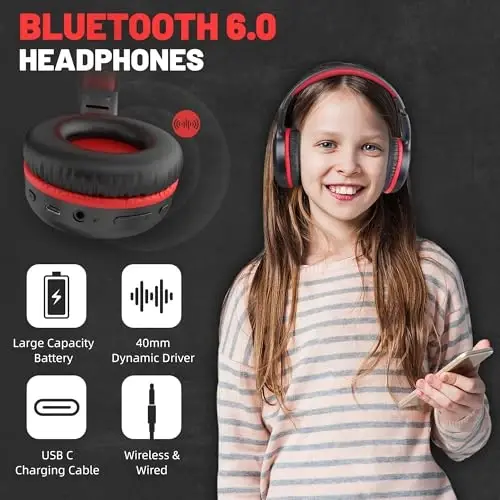 UKELALA U2B Active Noise Canceling Wired & Wireless Bluetooth 6.0 Headphones with Microphone, Foldable Lightweight Head Phones with Volume Control‌ for Kids Adult School Black Red - 2