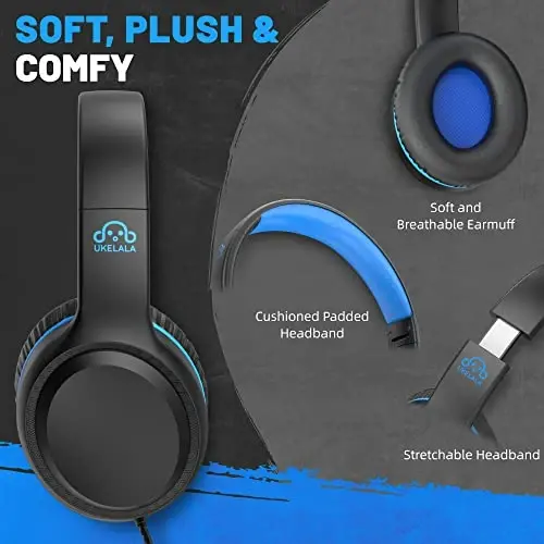 UKELALA Wired Headphones with Type C Cable for Boys Girls Kids Youth, USB-C Headphones Lightweight Portable Compatible with Pad Phone for Adults Student Children Black Blue - 2