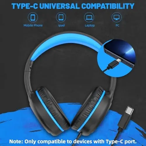 UKELALA Wired Headphones with Type C Cable for Boys Girls Kids Youth, USB-C Headphones Lightweight Portable Compatible with Pad Phone for Adults Student Children Black Blue - 3