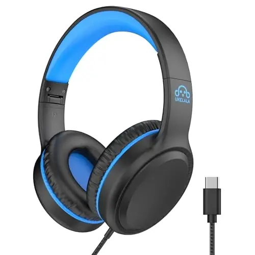 UKELALA Wired Headphones with Type C Cable for Boys Girls Kids Youth, USB-C Headphones Lightweight Portable Compatible with Pad Phone for Adults Student Children Black Blue - UKELALA