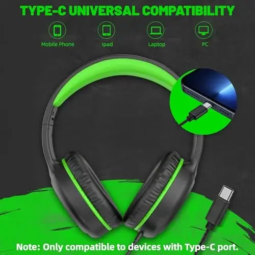 UKELALA Wired Headphones with Type C Cable for Boys Girls Kids Youth, USB-C Headphones Lightweight Portable Compatible with Pad Phone for Adults Student Children Black Green - 3