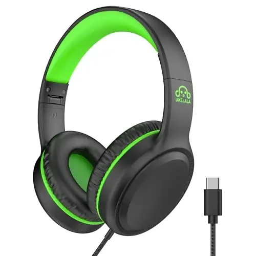 UKELALA Wired Headphones with Type C Cable for Boys Girls Kids Youth, USB-C Headphones Lightweight Portable Compatible with Pad Phone for Adults Student Children Black Green - UKELALA