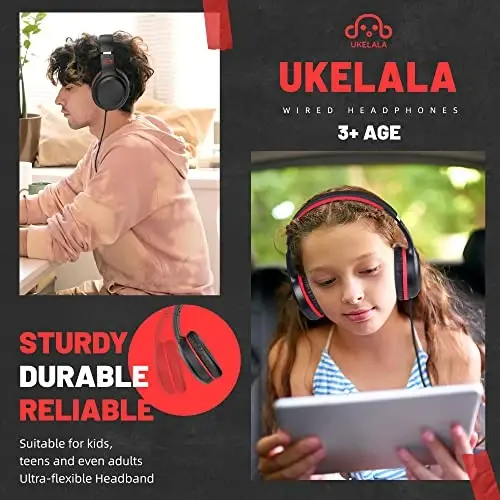 UKELALA Wired Headphones with Type C Cable for Boys Girls Kids Youth, USB-C Headphones Lightweight Portable Compatible with Pad Phone for Adults Student Children Black Red - 4