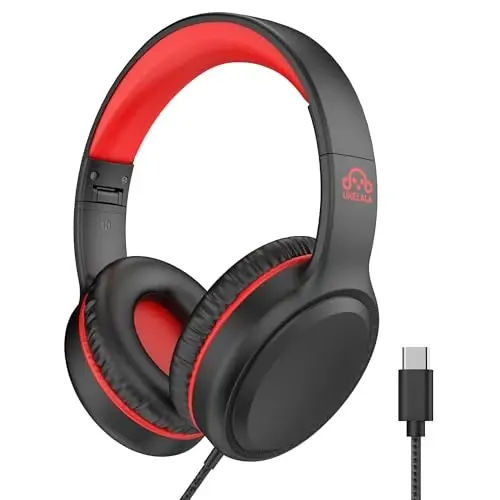 UKELALA Wired Headphones with Type C Cable for Boys Girls Kids Youth, USB-C Headphones Lightweight Portable Compatible with Pad Phone for Adults Student Children Black Red - 1
