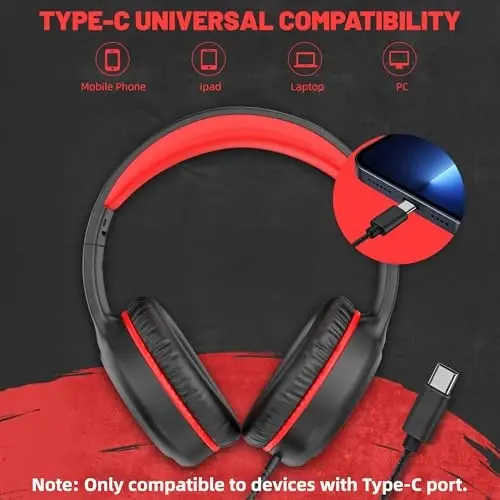 UKELALA Wired Headphones with Type C Cable for Boys Girls Kids Youth, USB-C Headphones Lightweight Portable Compatible with Pad Phone for Adults Student Children Black Red - 3