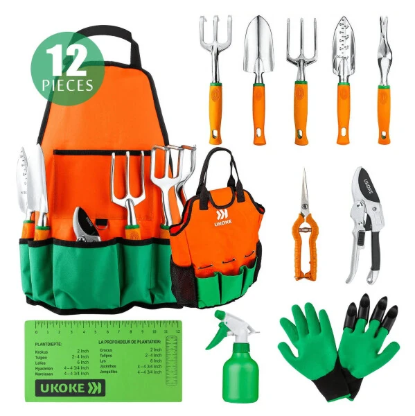 Ukoke 12 Piece Aluminum Garden Tools Set, Gardening Apron with Storage Pocket - UKOKE