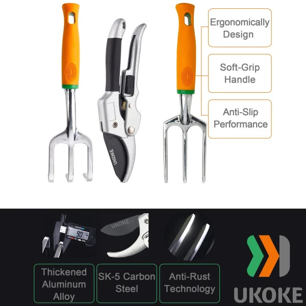 Ukoke 12 Piece Aluminum Garden Tools Set, Gardening Apron with Storage Pocket - 4