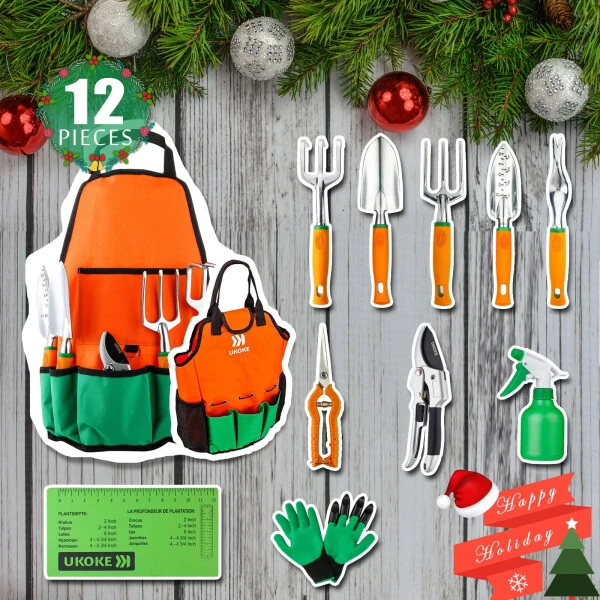 Ukoke 12 Piece Aluminum Garden Tools Set, Gardening Apron with Storage Pocket - 7