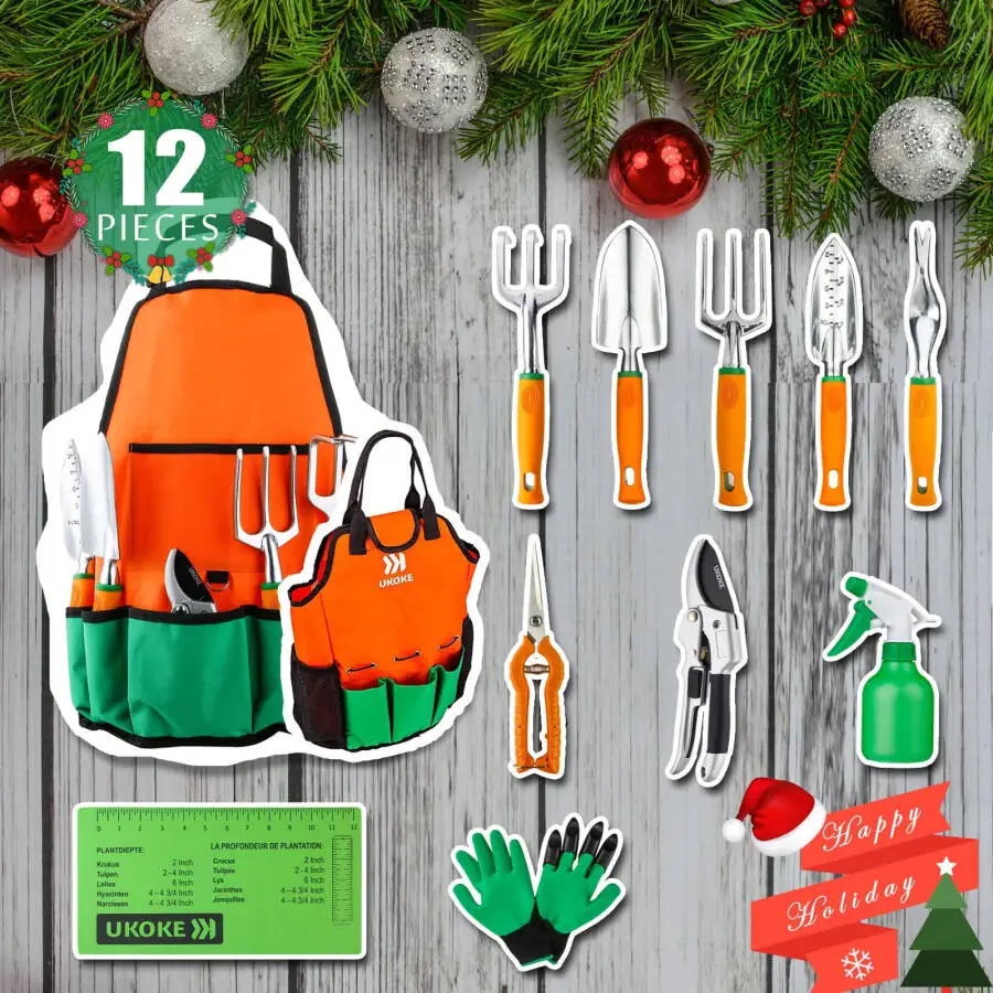 Ukoke 12 Piece Aluminum Garden Tools Set, Gardening Apron with Storage Pocket - 7
