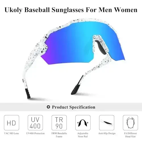 Ukoly Baseball Erkaklar Ayollar uchun quyoshdan saqlaydigan ko'zoynaklar, Beysbol Yugurish Velosipedda UV400 himoya TR90 ramka 615 sport quyoshdan saqlaydigan ko'zoynaklar - 3