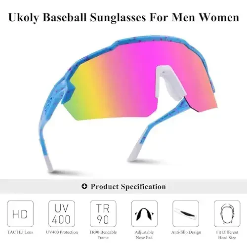 Ukoly Baseball erkaklar ayollar uchun quyoshdan saqlaydigan ko'zoynaklar, beysbol, yugurish, velosipedda UV400 himoyasi TR90 ramka 615 uchun sport quyoshdan saqlaydigan ko'zoynaklar - 3