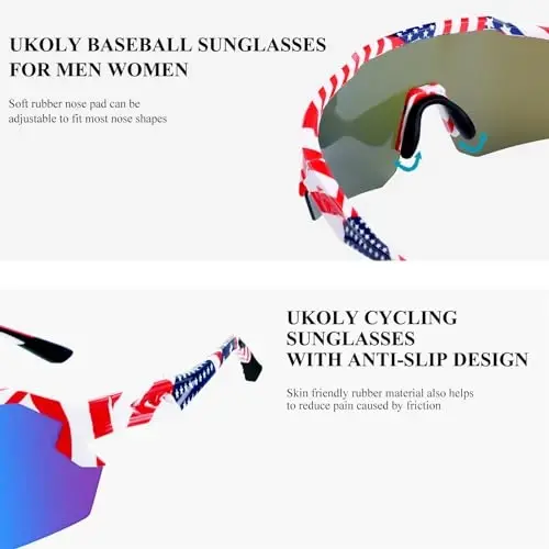 Ukoly Baseball erkaklar va ayollar uchun quyoshdan saqlaydigan ko'zoynaklar, beysbol, yugurish, velosipedda UV400 himoyasi TR90 ramka 615 uchun sport quyoshdan saqlaydigan ko'zoynaklar - 6