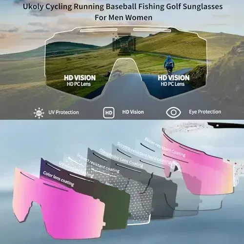 Ukoly Cycling Sunglasses for Men Women with 3 Interchangeable Lenses, Polarized Sports Sunglasses, Baseball Sunglasses - 3