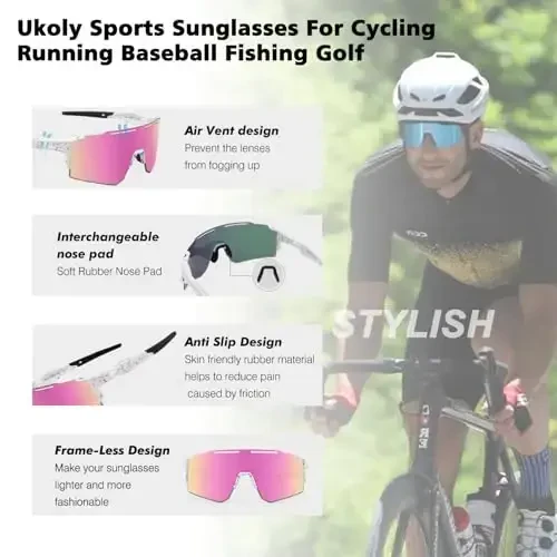 Ukoly Cycling Sunglasses for Men Women with 3 Interchangeable Lenses, Polarized Sports Sunglasses, Baseball Sunglasses - 6