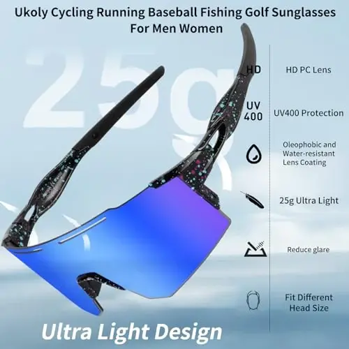 Ukoly Cycling Sunglasses for Men Women with 3 Interchangeable Lenses, Polarized Sports Sunglasses, Baseball Sunglasses - UKOLY